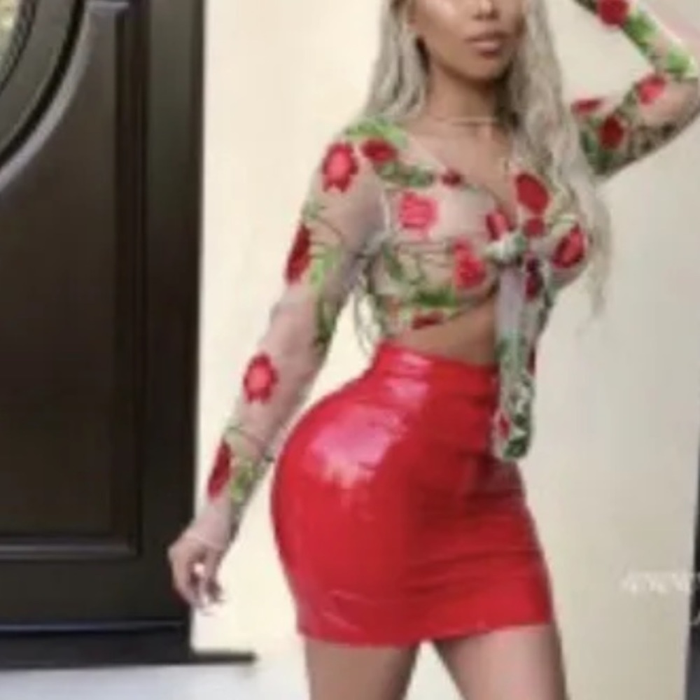 Red Coord Mesh Patent Leather Skirt Set